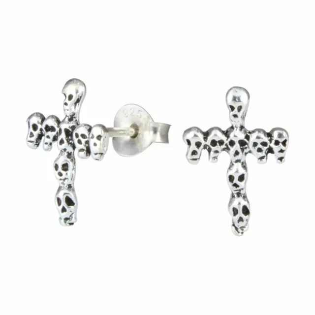 925 Sterling Silver Cross Of Skulls Kids Girls Women Stud Earrings Jewellery