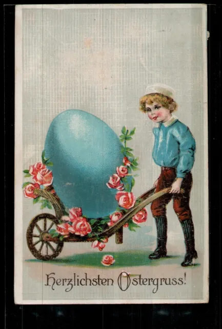 Postcard Easter Congratulations, Artist, Child Cart Easter Egg Roses, Small Format