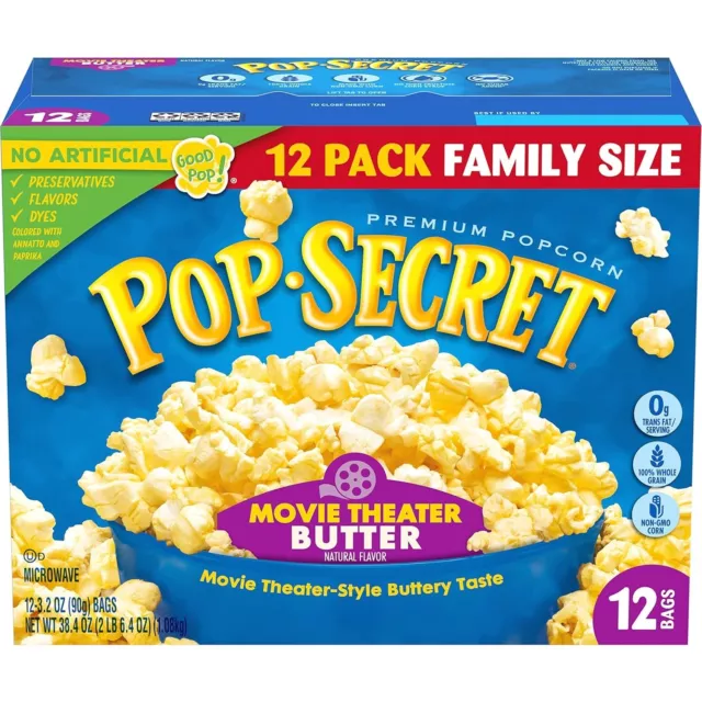 Pop Secret Microwave Popcorn Movie Theater Butter Flavor 3 Oz Sharing Bags 12 Ct