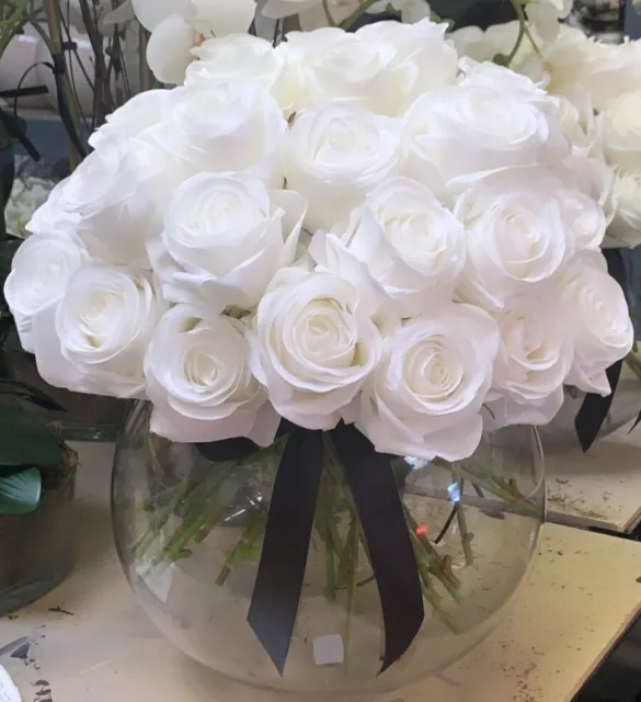 Large Nude / Neutral Or White / Ivory Rose Bowl Silk Faux Flower Arrangement 2