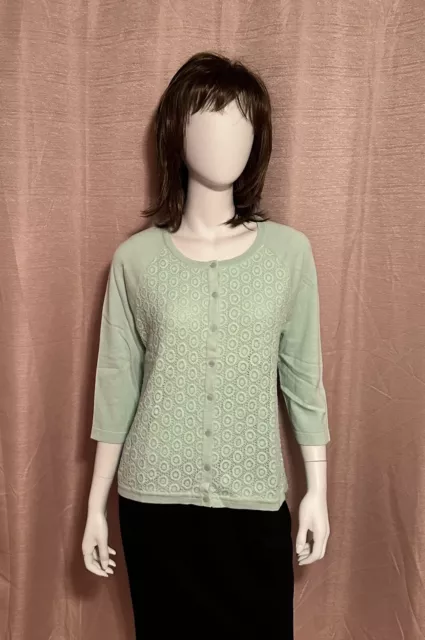 NWT Talbots Women’s Size PL Green Lace Embroidered Cotton Cardigan Sweater