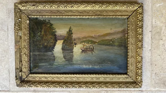tableau ancien ,huile sur toile, decor montagne lac de Côme signé monogramme
