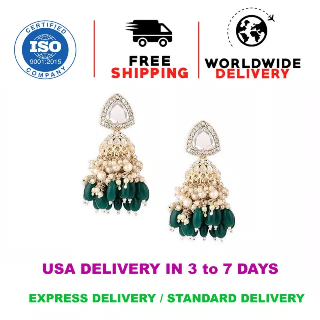 Green Stones Cluster Beads Drop Jhumka Earring For Women C6245