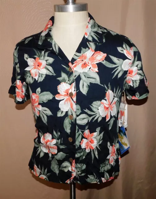 Vtg Island Traders Hawaiian Shirt Mens Medium Black Green Pink Floral Print NWT