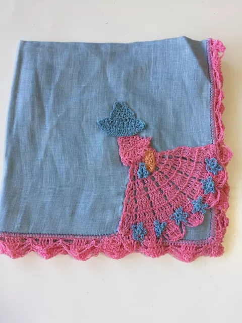 Vintage Crinoline Handkerchief Crocheted Lady Insert Edge Pink on Blue 12 in Sq.