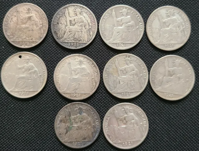 Lot Of 10 Silver 1921 Indochina 20 Cent Coins