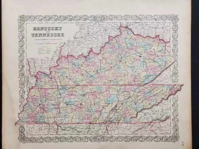 1855 Colton Map - Kentucky Tennessee - 100% Genuine Antique