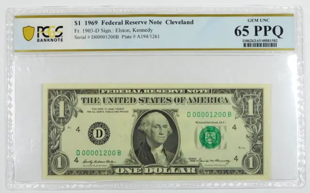 1969 $1 Federal Reserve Note Cleveland -Fr# 1903-D -PCGS 65 Gem Unc PPQ- Low S/N