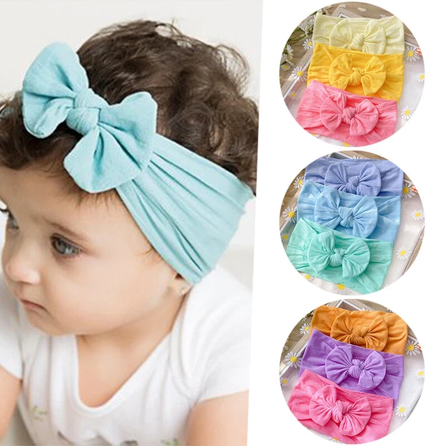 3Pcs/Set Solid Color Bow Turban Kids Hair Accessories Stretchy Nylon Hairbands