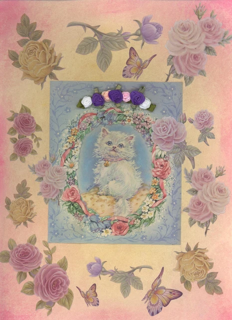 Vintage Persian White Blue Cat Kitten Roses Aesthetic Collage Picture Art Print