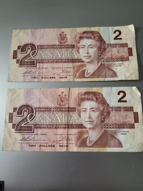 2, 1986 Bank of Canada $2 2 Dollar paper money bank note EGP Serial