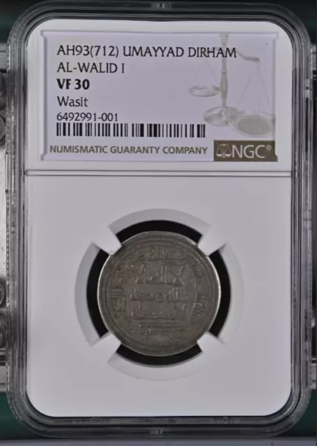 Umayyad Caliphate AL WALID I Islamic Coin Dirham NGC VF 30 AH 93 ( 712 ) Wasit Umayyad Caliphate AL WALID I Islamic Coin Dirham NGC VF 30 AH 93 ( 712 ) Wasit