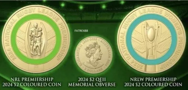 In Hand -2024 NRL and NRLW $2 Collectable coloured coins - 2 Coins - Not Mounted 2