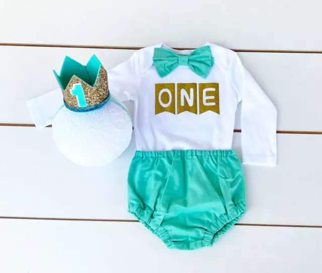 SALE! 4 Piece Mint Green & Gold Cake Smash Outfit First Birthday Outfit Baby Boy