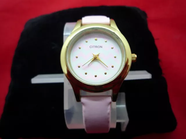 Citron Ladies Fashion Quartz Wrist Watch Pink Wave Dial Pink Faux Leather Strap