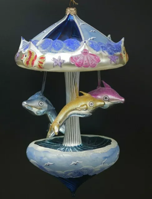 Italian Mercury Glass Carousel Xl Christmas Ornament Dolphins Radko Style Nib