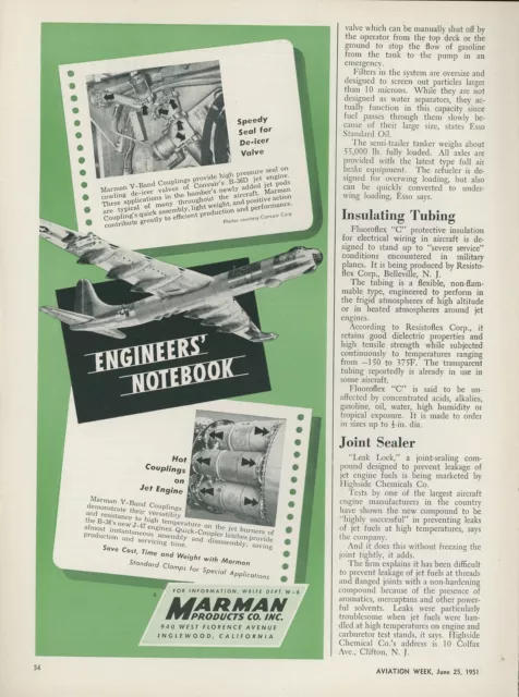 1951 Marman Aviation Products Ad Convair B-36 Bomber J-47 Jet Engine B-36D