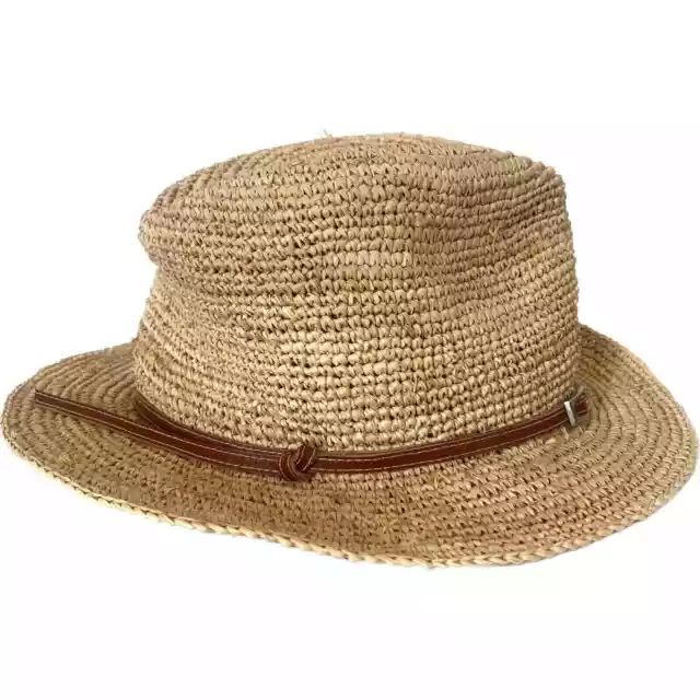 Hat Attack Womens Beige Straw Fedora Sun Hat Brown Leather Band