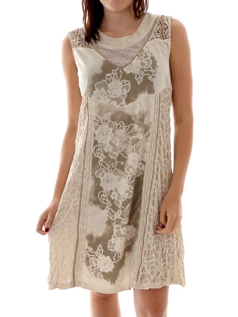 Angels Never Die Robe Beige Col Rond Longueur Genou sans Manches Fleurs