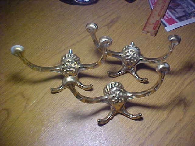3 Large Vintage Brass Wall Coat Hat Rack Hooks Antique Style