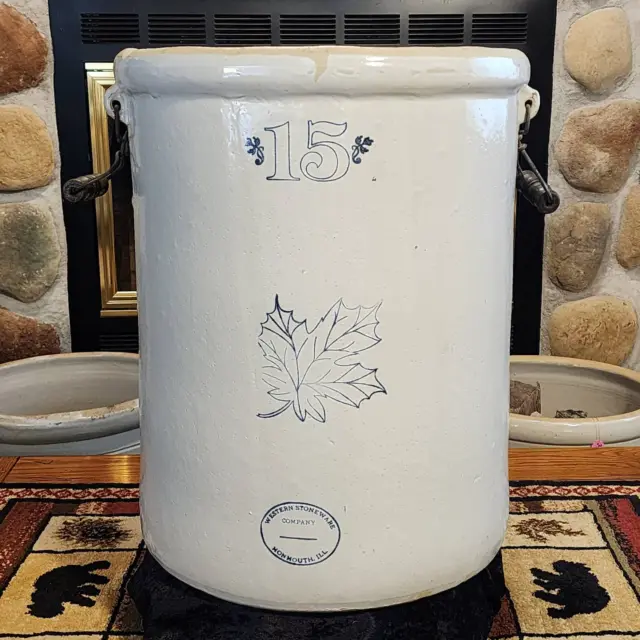 Vintage #15 Monmouth/Western Maple Leaf Transition Crock with Handles Circa 1906