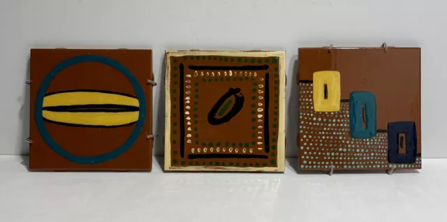 (3) Terra Cotta Red Ware Tiles Trivets Wall Decor Hand Painted Italy 5.75”