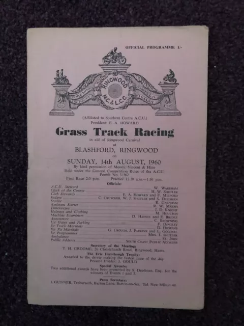 Grass track racing programme speedway interest Blashford Ringwood 1960