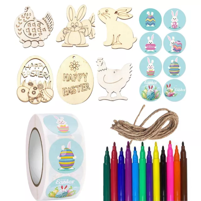 Diy Easter Wooden Pendant Sticker Pen Set Rabbit Egg Hanging Ornament Kid Toy