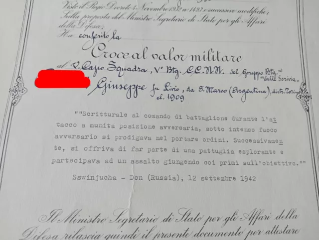 WW2 CC.NN. Camicie Nere CSIR ARMIR Russia Don diploma Croce al Valor Militare RI