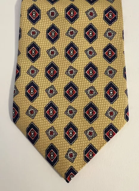 Burberry’s Of London Necktie Tie Silk Gold Blue Geometric Diamond 56”