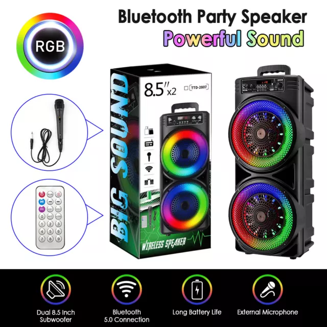 Dual 8.5" Portable Bluetooth Speaker Subwoofer Bass Stereo Party Karaoke Mic FM