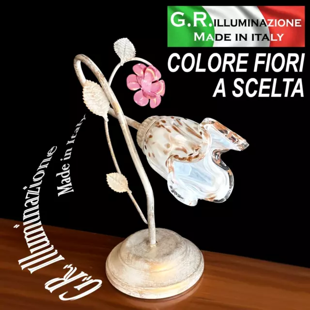 LUMETTO IN FERRO BATTUTO 1 LUCE AVORIO ORO LAMPADA DA COMODINO FIORE ROSA Anna