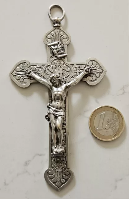 Grande Croix Pectorale Ancienne Metal Argente Antique Large Cross Pendant Wicker