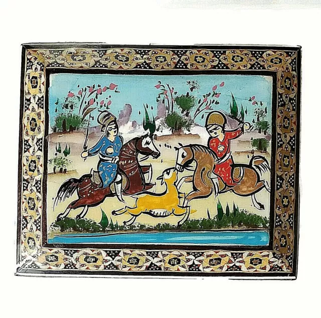 Vintage Trinket Box Faux Persian Inlay Velvet Lined Key Chain Horse Ornament