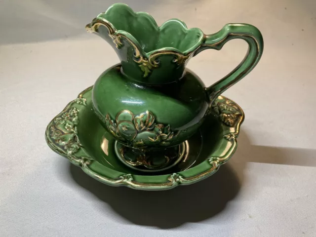 Handmade Vintage Pottery 1951 Green Pitcher And Bowl Camark Made In USA