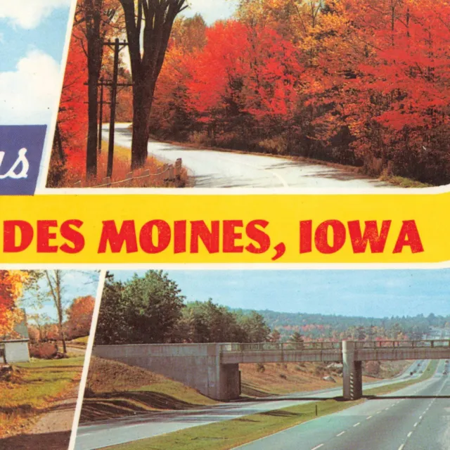 Des Moines IA Iowa UNP Chrome Greetings Autumn Fall Leaves Highway Postcard