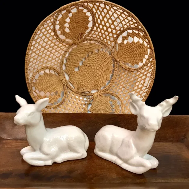 Pair White Ceramic Reindeer Deer Buck Doe Figures Figurines 4" Vintage Christmas