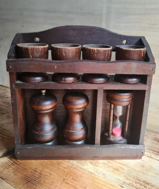 Ancien service coquetier en bois - coffret - set - kit - œufs sel poivre sablier