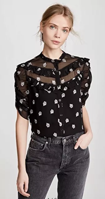 SHOSHANNA Semi Sheer Blouse W/ Floral Lace Appliqué L Black/White Fab Condition!