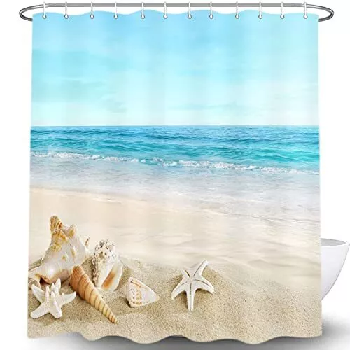 Starfish Beach Theme Shower Curtain Fabric, Tropical Sea Waves Seashell Conch...