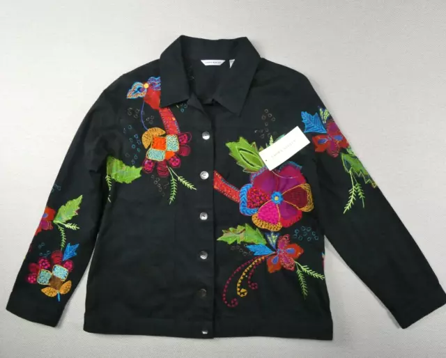 Laura Ashley Black Jean Jacket Womens Medium  Floral Embroidered Art To Wear NEW