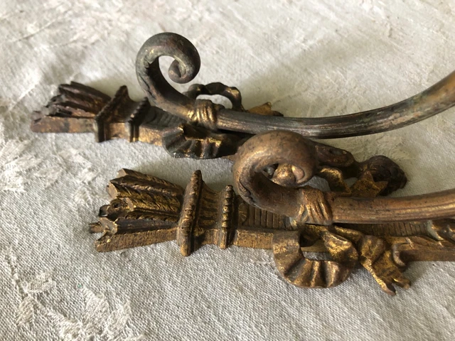 Pr Antique French Bronze Old Warm Gold Tied Bow Curtain Tie Backs Hooks c1890 #2