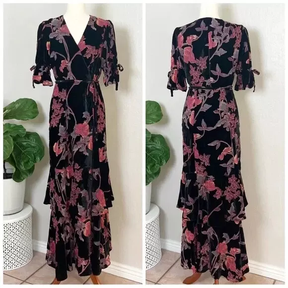 HUTCH ANTHROPOLOGIE Women's Size S Black Velvet Floral Burnout Maxi Wrap Dress