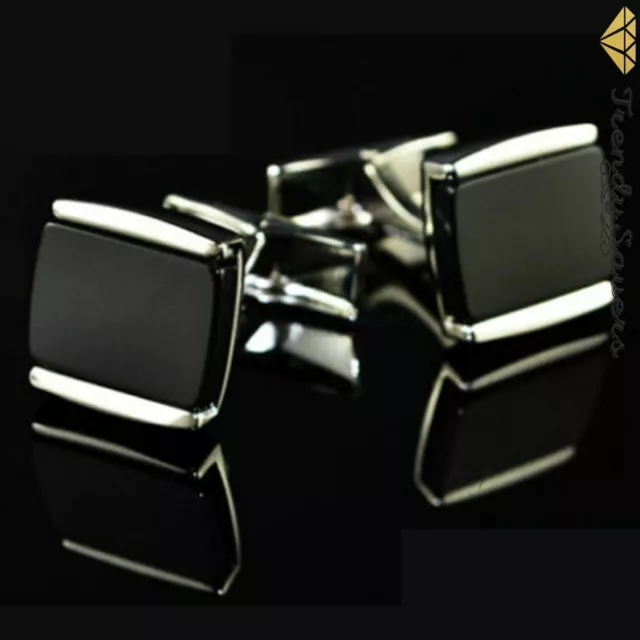 Men's Black Square Cufflink Silver Plated Stainless Steel Wedding Gift Cuff Link 3