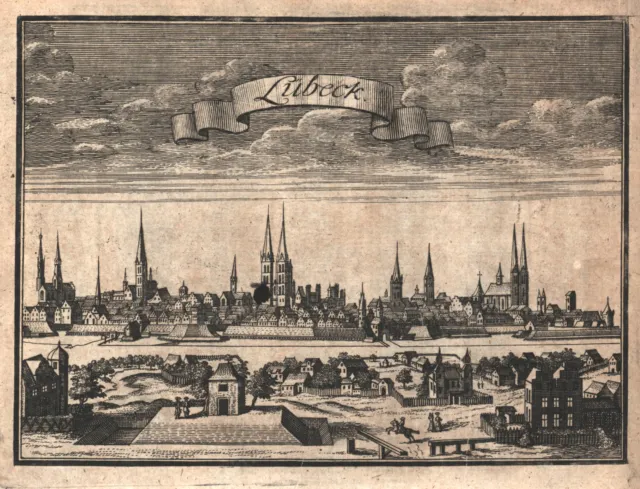 Lübeck Gesamtansicht Original Kupferstich Der reisende Chineser 1721