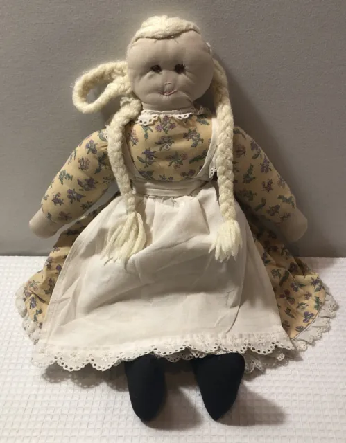 Primitive Folk Art Handmade Girl Cloth Doll Pinafore Petticoat 15”