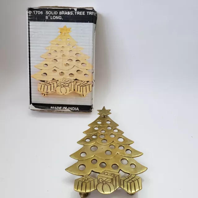 Christmas Tree Solid brass Trivet Hot Plate 8" Vintage