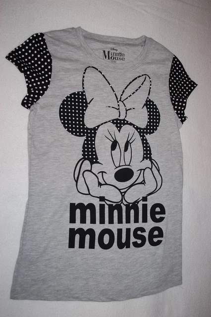 Girls S/S Tee Shirt MINNIE MOUSE Gray Body BLACK WHITE POLKA DOT Size XL 14-16