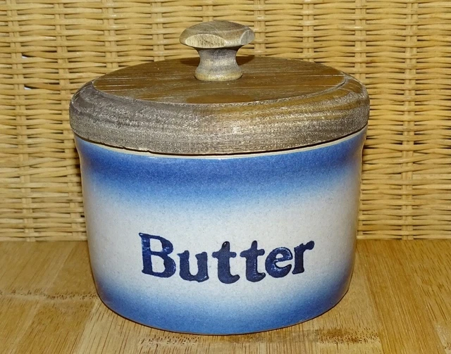 Clay City Pottery Blue White Glazed Stoneware BUTTER Crock Wood Lid Farmhouse