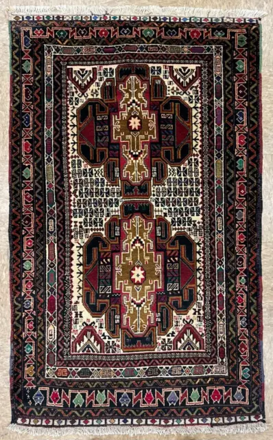 Hand Knotted Balouch Tribal Ivory Nomadic Oriental Wool Area Rug 2'10" x 4'8"